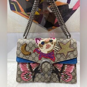 GUCCI-403348 213317 Blue Dionysus Embroidered Cat GG Supreme Coated Canvas Shoul